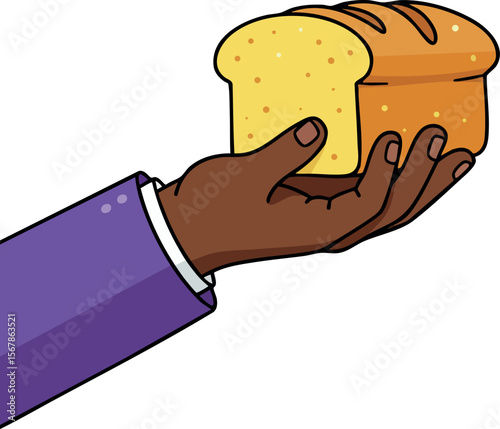 Hand Holding Fresh Bread Loaf Illustration with Purple Sleeve Vector Art 