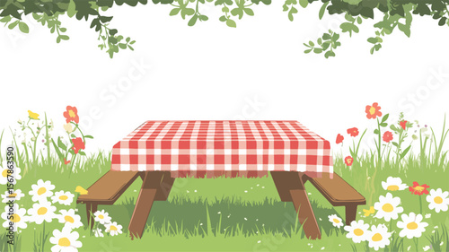 Delightful Picnic Theme Graphic with Basket, Blanket, Food, and Flowers for Designs