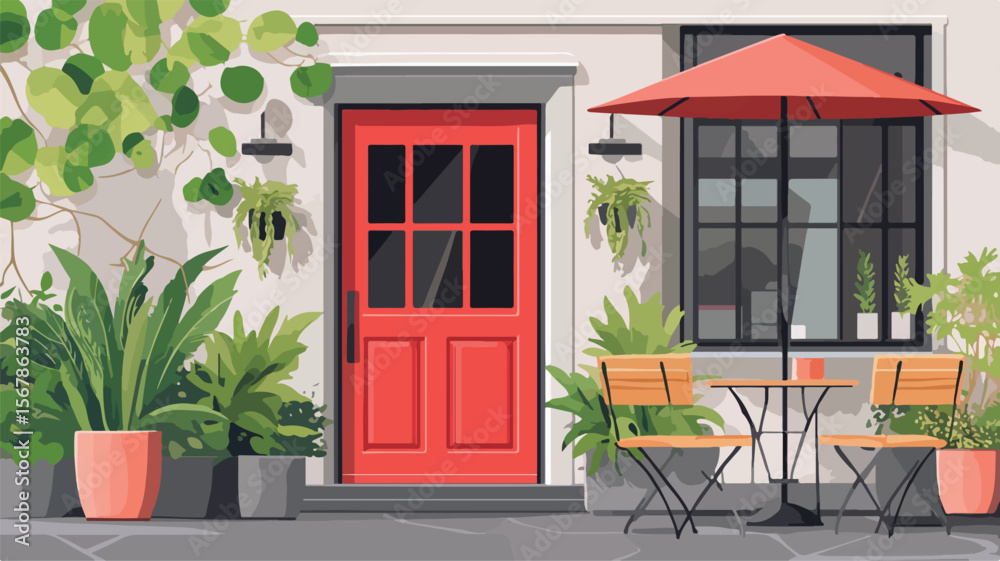 Fototapeta premium Inviting Cafe Facade with Red Door - Professional Stock Photo