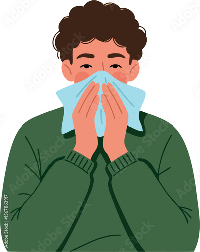 Man Blowing Nose with Tissue in Green Sweater Vector Illustration 