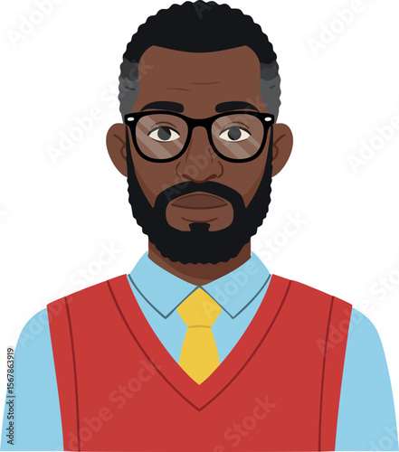 African American man wearing glasses with red sweater vest and yellow tie vector illustration