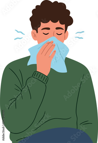 Man sneezing into tissue illustration with green sweater natural health concept vector