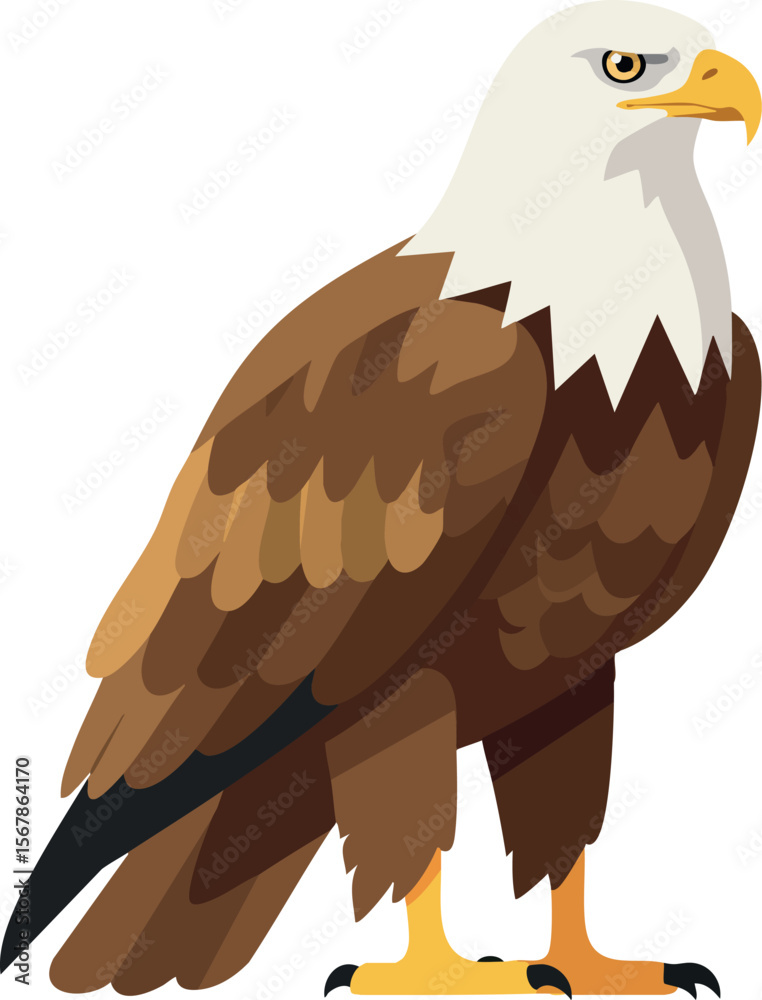Fototapeta premium Bald eagle perched vector illustration with white head and brown feathers detailed design 