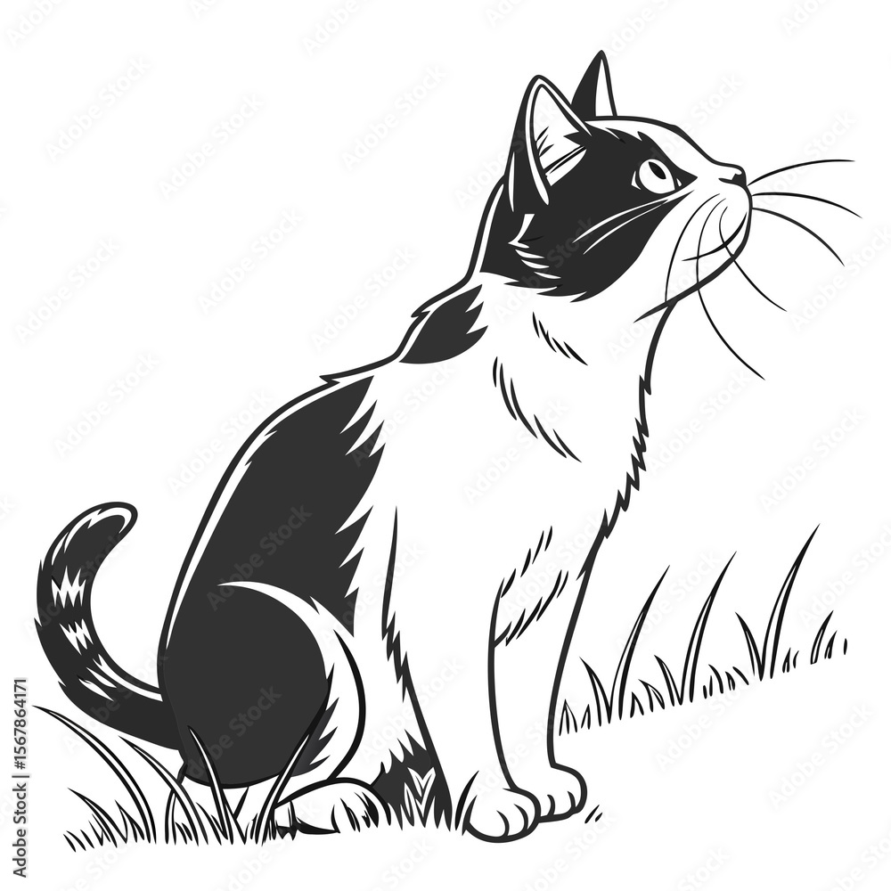 Obraz premium White back ground a black and white illustration of a cat.