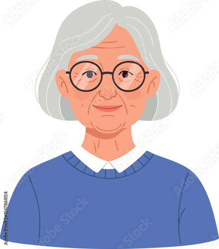Elderly Woman with Gray Hair and Glasses Wearing Blue Sweater Portrait Vector Illustration 