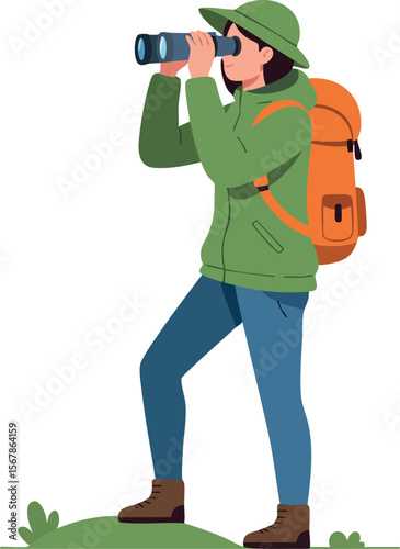 Hiker with binoculars wearing green jacket and orange backpack exploring nature vector illustration 