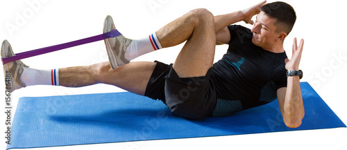 Athletic guy in sportswear and fitness tracker doing exercises in gym.