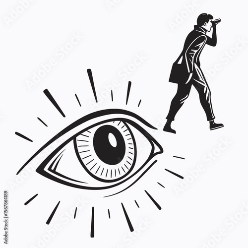 Man Looking Through Binoculars from a Giant Eye - Vision and Observation Concept