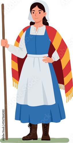 Woman in traditional dress holding staff with colorful shawl vector illustration 