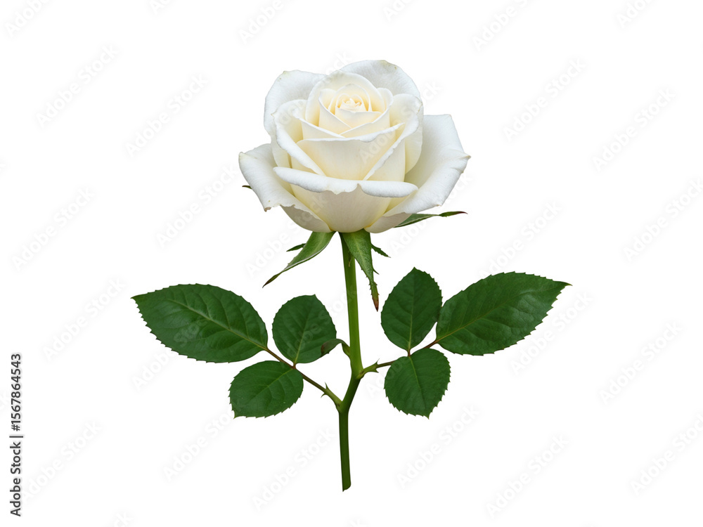 Obraz premium Single elegant white rose with green leaves isolated on transparent background