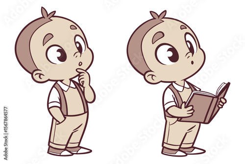 Vector cute Baby Boy cartoon character, with a thoughtful gaze and a finger on his chin, wearing a smart little vest and holding a small book, in an intelligent, sweet style, isolated on white backgro
