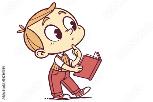 Vector cute Baby Boy cartoon character, with a thoughtful gaze and a finger on his chin, wearing a smart little vest and holding a small book, in an intelligent, sweet style, isolated on white backgro
