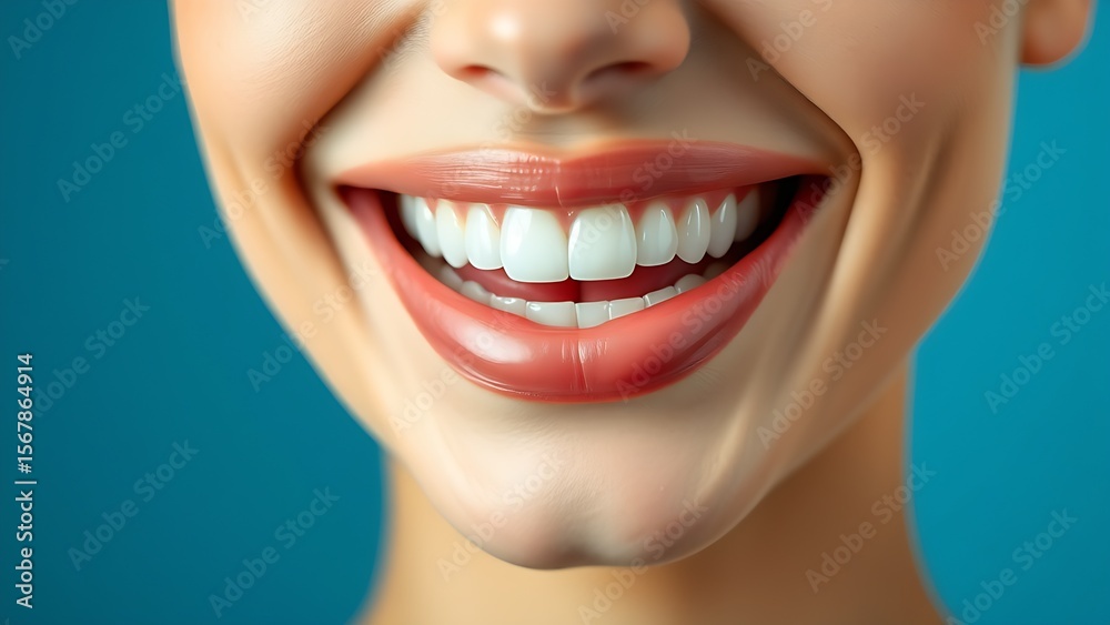 Obraz premium Close-up of bright white teeth with a genuine smile against a clean blue gradient background.