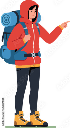 Female hiker with red jacket and blue backpack pointing forward in outdoor adventure vector illustration 