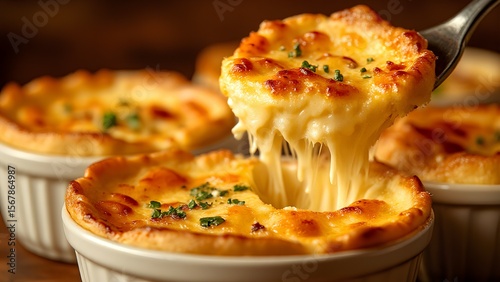 A close-up of creamy, cheesy baked dish served in white ramekins with melted cheese stretch being lifted by a spoon.