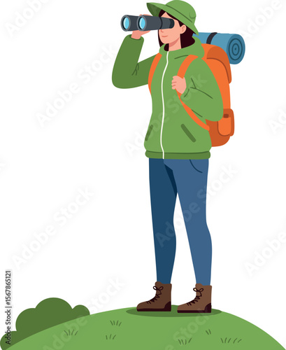 Female Hiker Using Binoculars Wearing Green Jacket and Backpack Outdoor Adventure Vector 