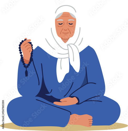 Elderly woman meditating with prayer beads in blue clothing and white headscarf vector illustration 