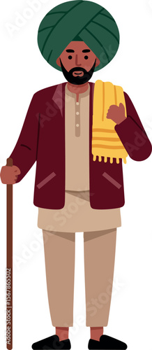 Indian man wearing traditional turban and ethnic clothing holding walking stick and shawl vector illustration 