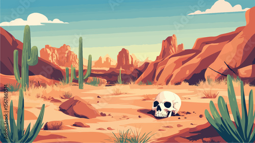 Desert Scene with Cow Skull and Bones EPS Vector Illustration