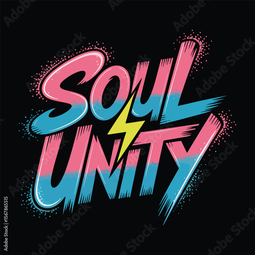 “Soul Unity” in neon style text blends funky color with a message of togetherness and energy vector illustration.