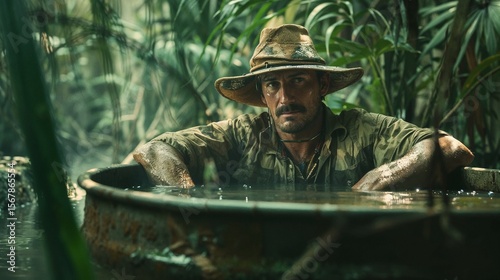 Brave and rugged adventurer emerges from steaming cauldron of a uncontacted cannibal tribe in dense tropical rainforest, wearing safari hat and camouflage clothing during dangerous jungle expedition