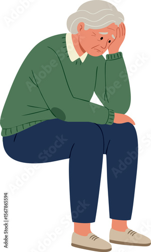 Elderly woman sitting with sad expression wearing green sweater and navy pants vector illustration 