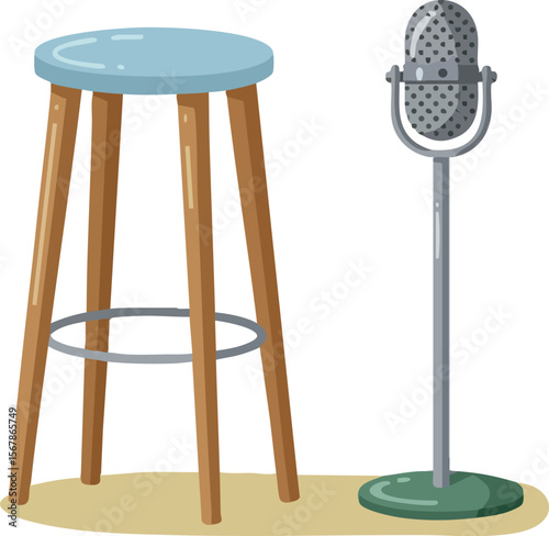 Vintage microphone and wooden stool vector illustration in simple style 
