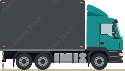 Cargo truck with teal cab and dark gray container side view vehicle transport illustration 