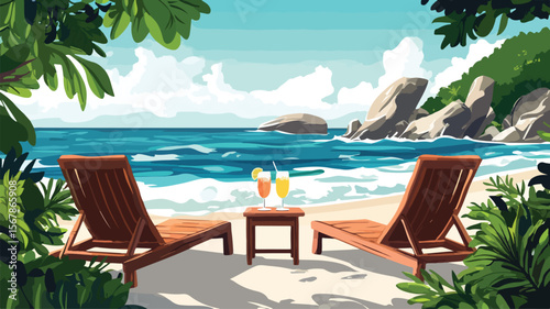 Tranquil Beach Scene with Two Wooden Lounges for Relaxation