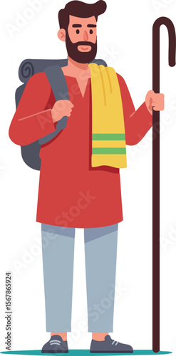Male hiker with trekking staff and backpack wearing red shirt and gray pants standing vector illustration 