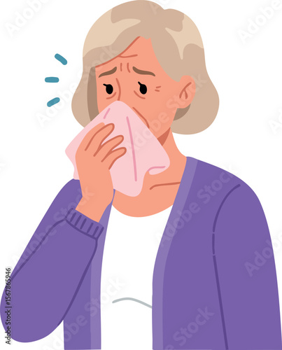 Elderly woman sneezing with handkerchief feeling unwell vector illustration 