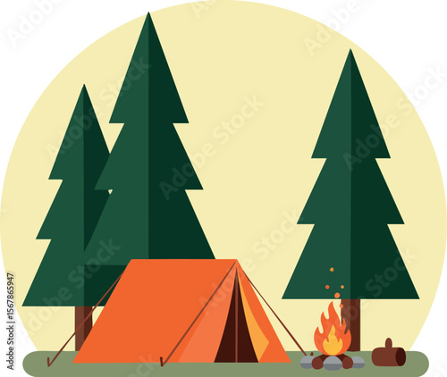 Camping scene with pine trees and campfire under yellow sun vector illustration 