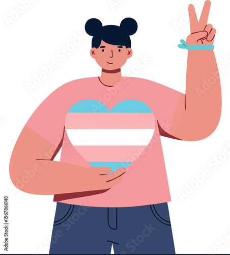 Person showing peace sign with transgender pride heart symbol on shirt vector illustration 
