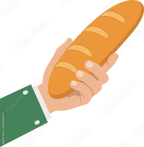 Hand Holding Baguette Bread Vector Illustration with Green Sleeve Natural Food Concept