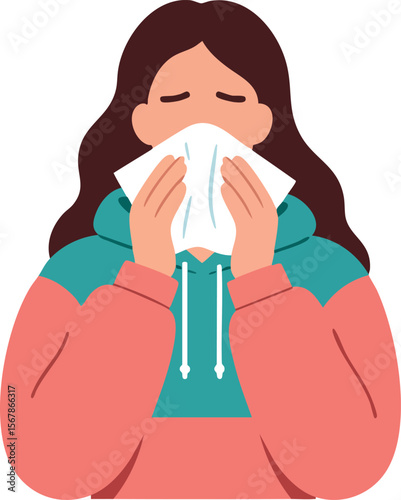 Woman blowing nose with tissue vector illustration in pink and teal hoodie 