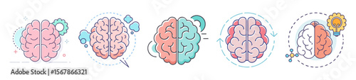 Illustrations depicting brain function, thought processes, intelligence, and creative and innovative thinking