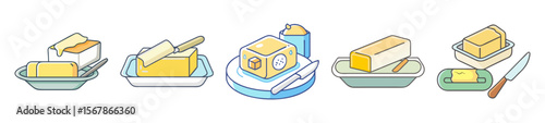 Butter Illustrations with Knives and Trays, representing fresh and dairy products