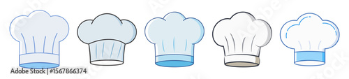 Cartoon chef hats in a row presenting diverse style and color variations