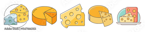 Collection of illustrated cheese wedges and blocks in various shapes and colors