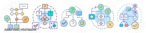 Illustrations showcasing various decisionmaking flowcharts and process diagrams for business strategy
