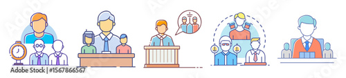 Set of abstract courtroom scenes with people and icons showing different aspects