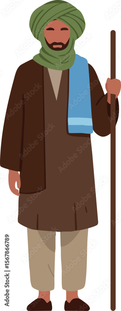 Man wearing traditional clothing with green turban holding wooden staff vector illustration Man wearing traditional clothing with green turban holding wooden staff vector illustration