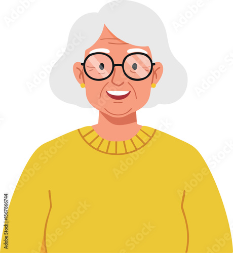 Elderly woman with white hair and glasses wearing yellow sweater portrait vector illustration 