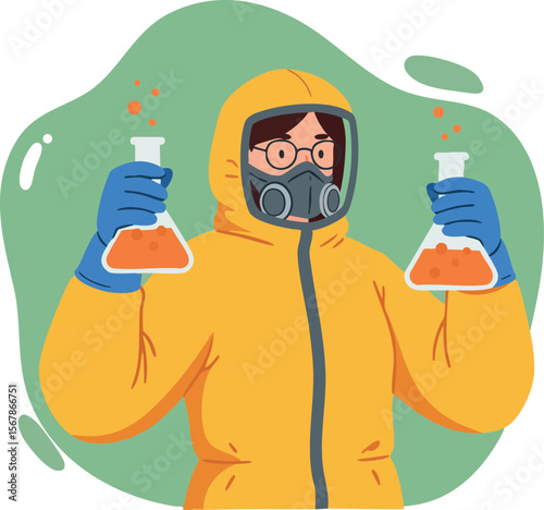 Scientist in yellow hazmat suit holding chemical flasks with orange liquid vector illustration 