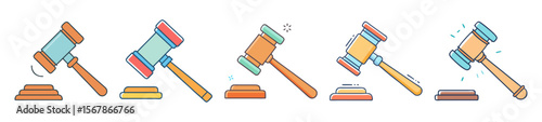 Cartoon depiction of gavels with various color schemes and striking impact