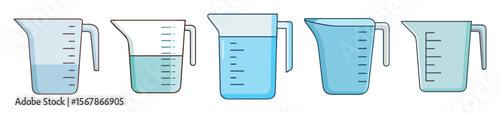 Five measuring cups filled with varying amounts of blue liquid graphic