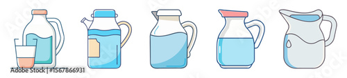 Illustration of assorted water pitchers and glasses, showcasing different styles