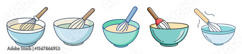 Cartoon images of mixing bowls with whisks, preparing food with various colors