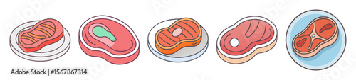 A Colorful Illustration of Various Cartoon Steaks on Plates ready to eat
