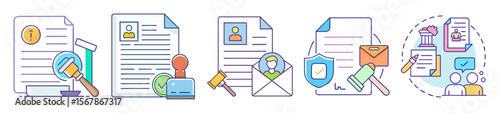 Colorful illustration set representing document verification, legal agreement, and human resources